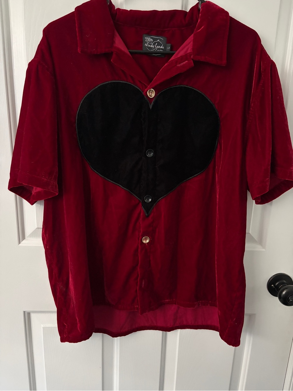 Steady Hands Vintage-Inspired Red Velvet Shirt with Black Heart Accent